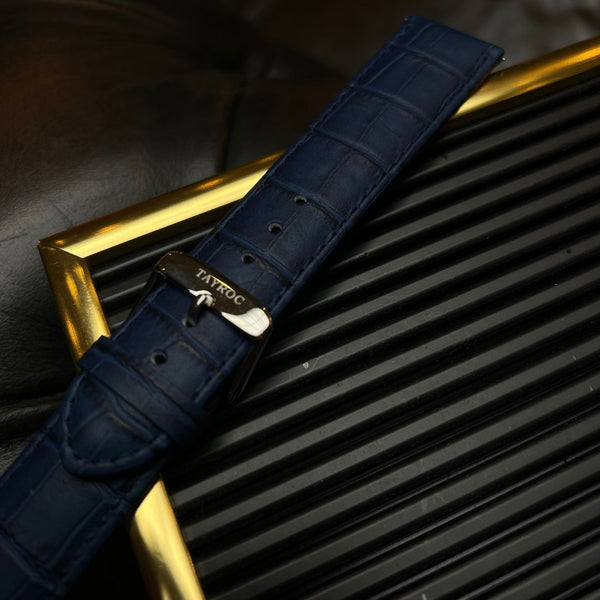 Blue Textured Leather Strap Gold Buckle 22mm
