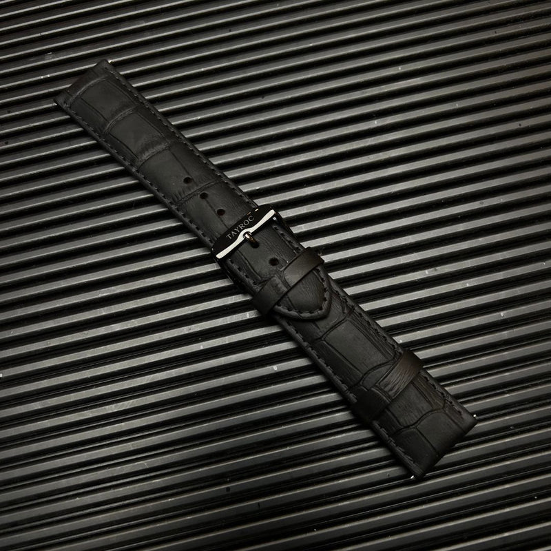 Black Textured Leather Strap/Silver Buckle 22mm
