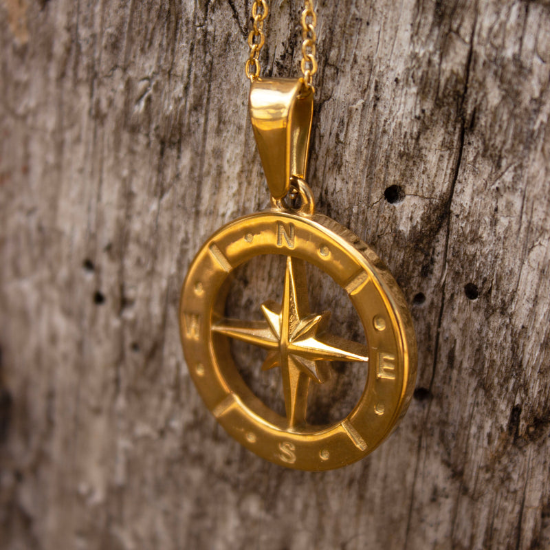 Gold Compass Pendant with Gold Chain Necklace