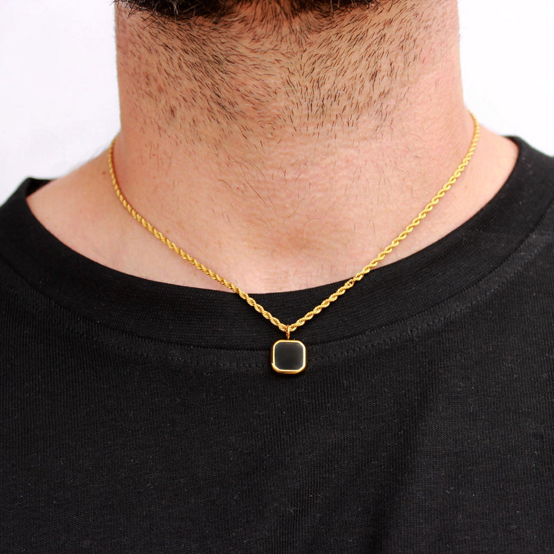 Gold Framed Square Onyx Coloured Pendant with Twist Chain Necklace