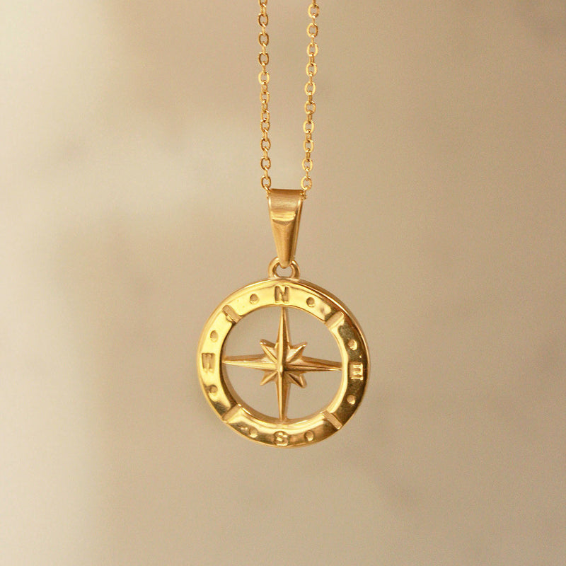 Gold Compass Pendant with Gold Chain Necklace