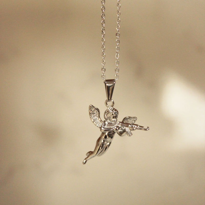 Silver War Cherub Pendant with Silver Chain Necklace