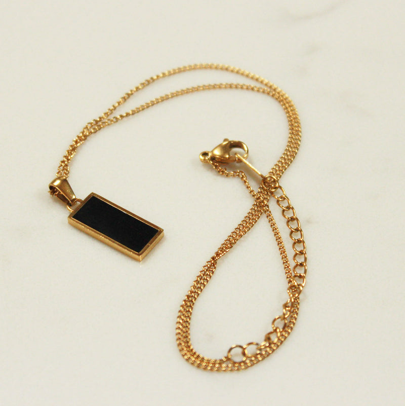 Gold Framed Rectangle Onyx Coloured Pendant with Gold Chain Necklace