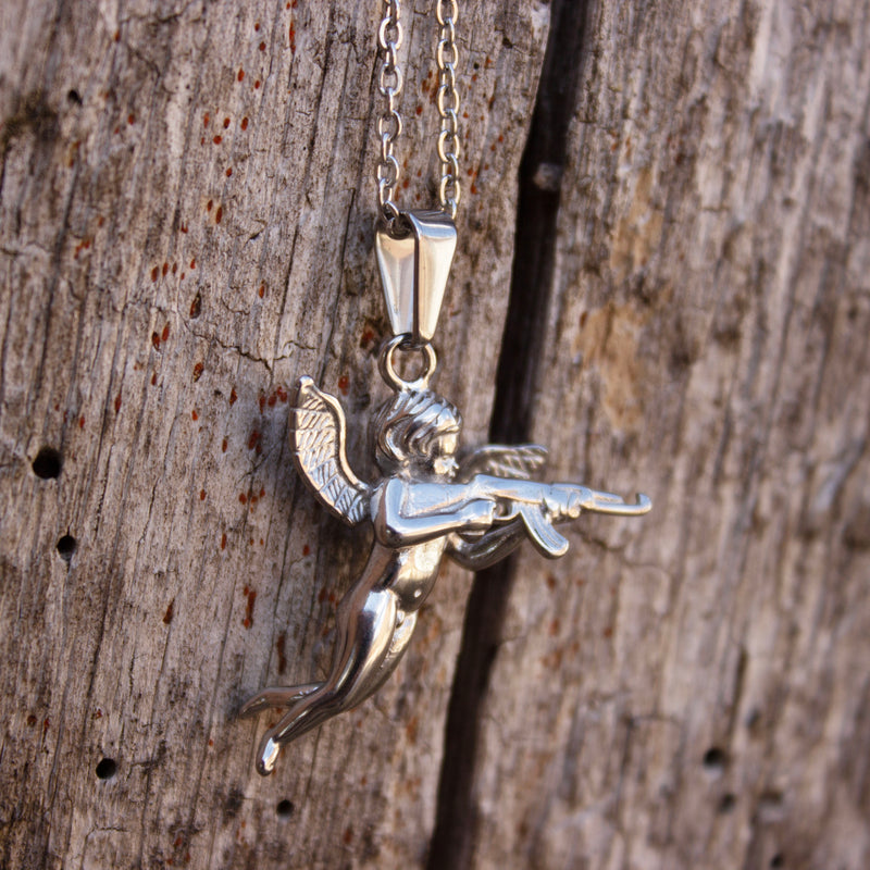 Silver War Cherub Pendant with Silver Chain Necklace