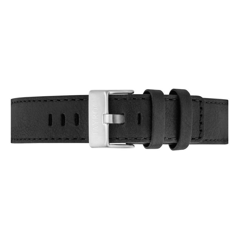A leather watch strap in black with silver buckle by Tayroc.